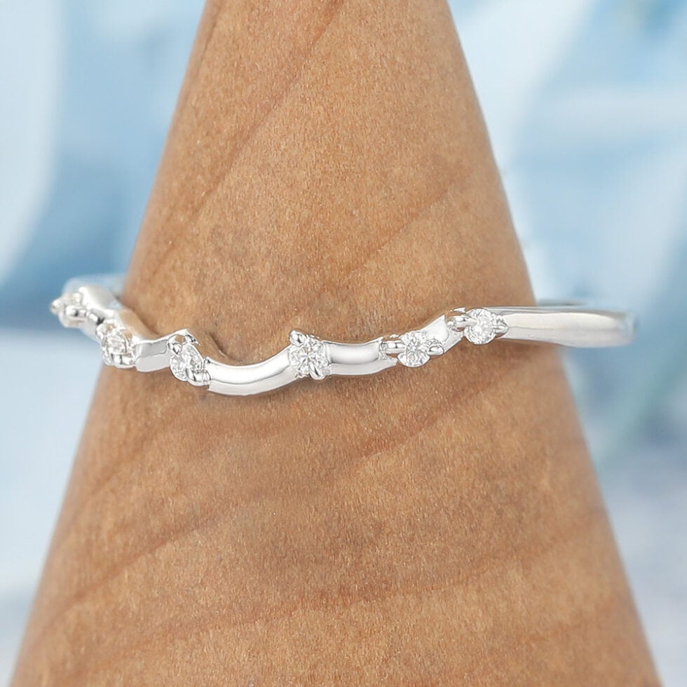 Petite Moissanite Curved Wedding Band Unique Stacking Ring