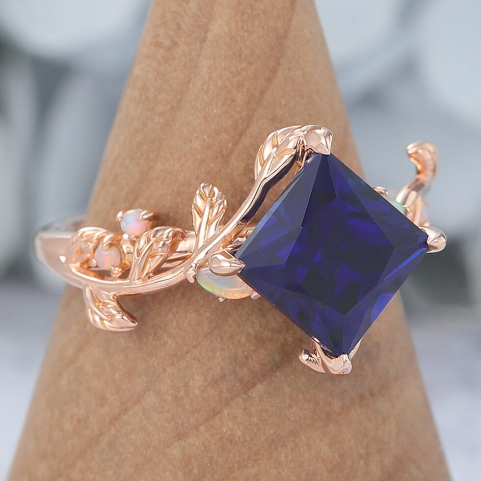 Princess Cut Lab Sapphire Engagement Ring Natural-Inspired Bypass Band