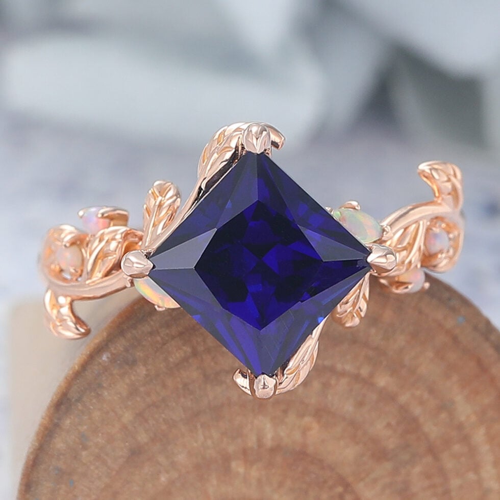 Princess Cut Lab Sapphire Engagement Ring Natural-Inspired Bypass Band
