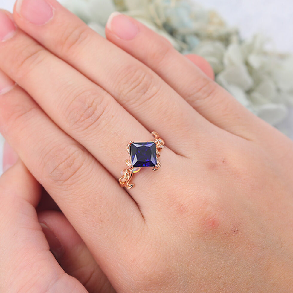 Princess Cut Lab Sapphire Engagement Ring Natural-Inspired Bypass Band