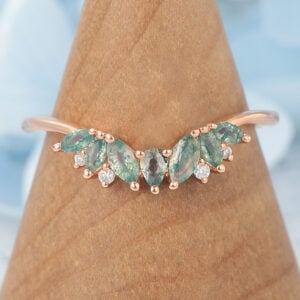 Rose Gold Curved Wedding Band with Moss Agate Cluster