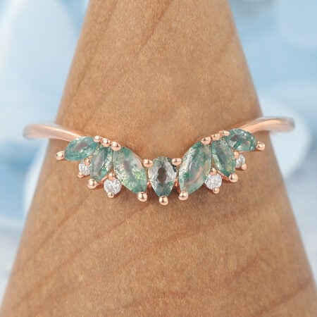 Rose Gold Curved Wedding Band with Moss Agate Cluster