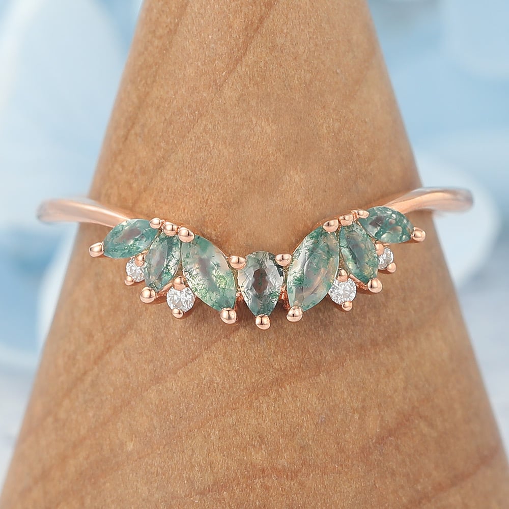 Rose Gold Curved Wedding Band with Moss Agate Cluster