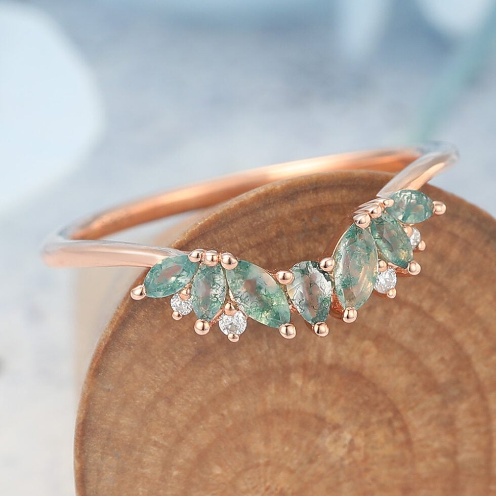 Rose Gold Curved Wedding Band with Moss Agate Cluster
