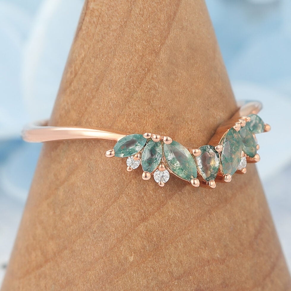 Rose Gold Curved Wedding Band with Moss Agate Cluster