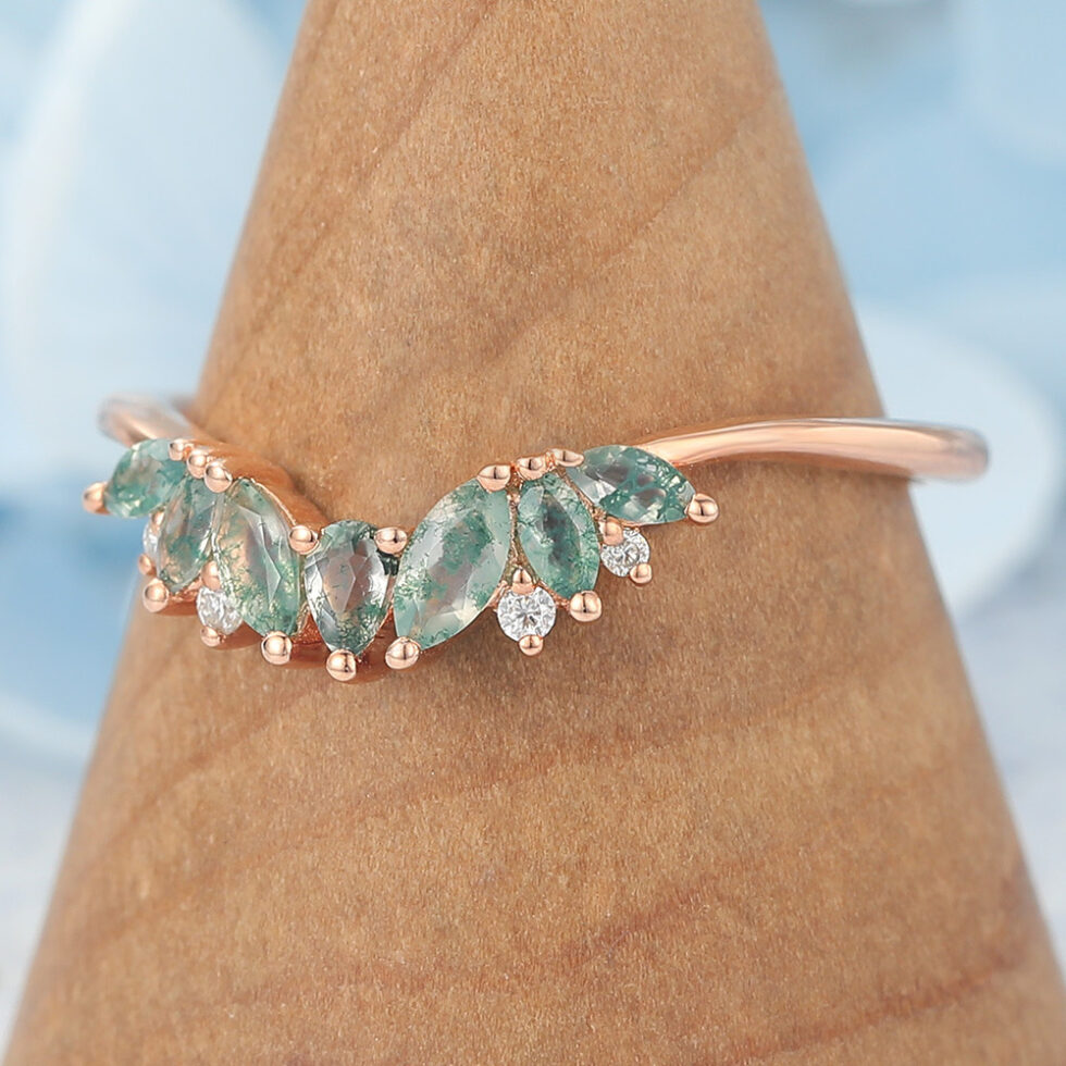Rose Gold Curved Wedding Band with Moss Agate Cluster