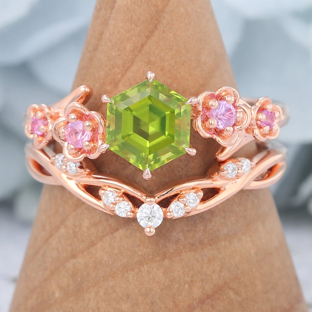 Rose Gold Hexagon Cut Peridot Nature-Inspired Bridal Ring Set