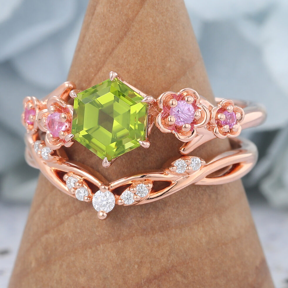 Rose Gold Hexagon Cut Peridot Nature-Inspired Bridal Ring Set