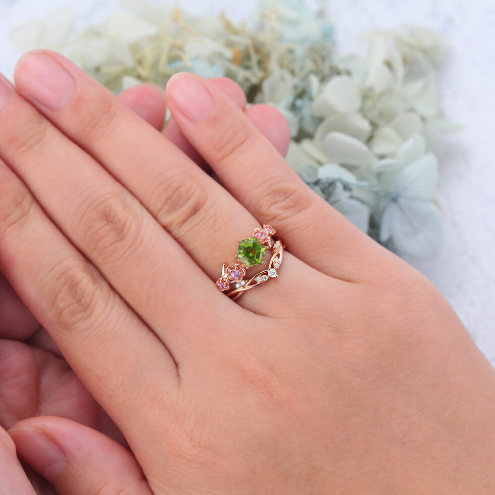 Rose Gold Hexagon Cut Peridot Nature-Inspired Bridal Ring Set