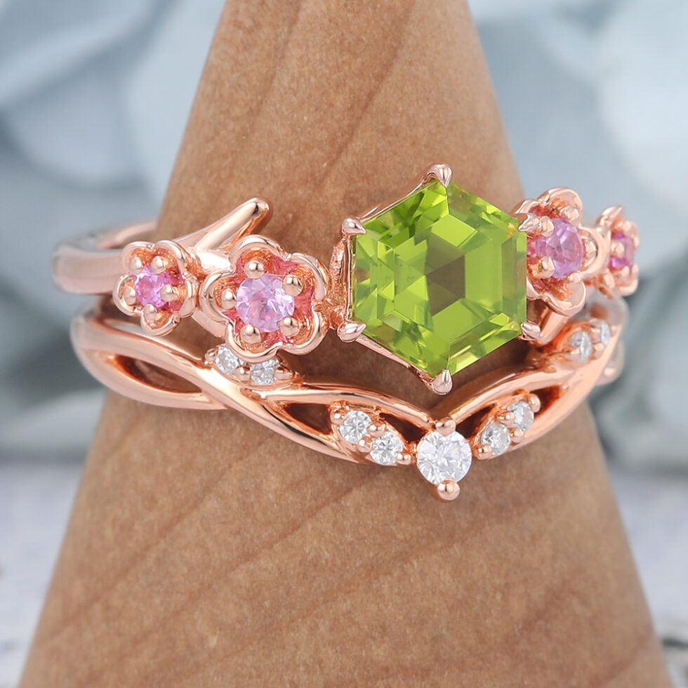 Rose Gold Hexagon Cut Peridot Nature-Inspired Bridal Ring Set