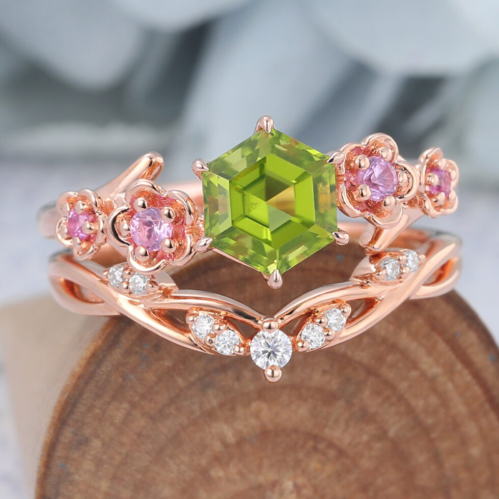 Rose Gold Hexagon Cut Peridot Nature-Inspired Bridal Ring Set