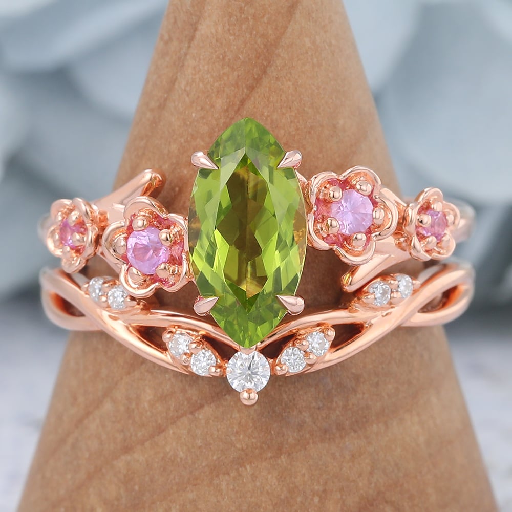 Rose Gold Marquise Cut Peridot Nature-Inspired Bridal Ring Set
