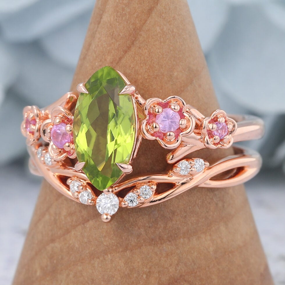Rose Gold Marquise Cut Peridot Nature-Inspired Bridal Ring Set