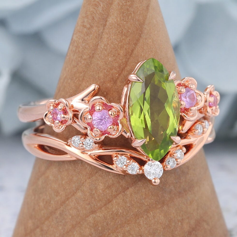 Rose Gold Marquise Cut Peridot Nature-Inspired Bridal Ring Set