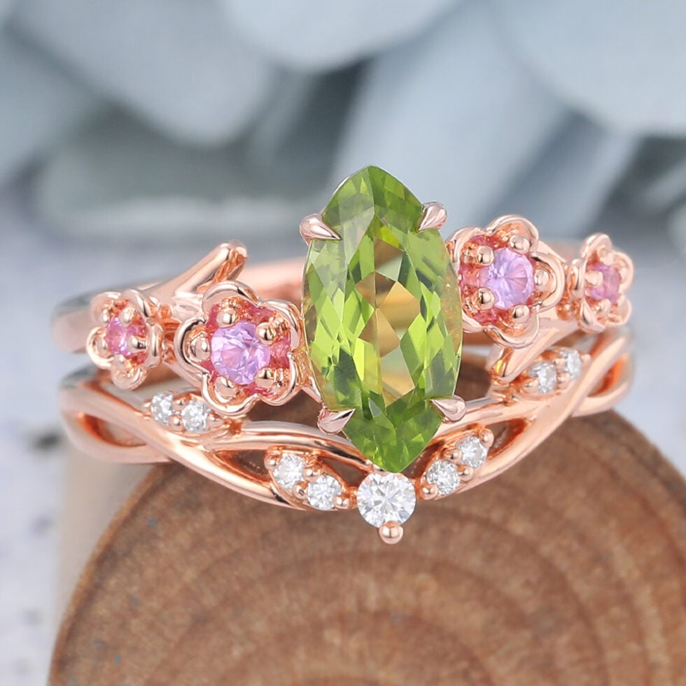 Rose Gold Marquise Cut Peridot Nature-Inspired Bridal Ring Set