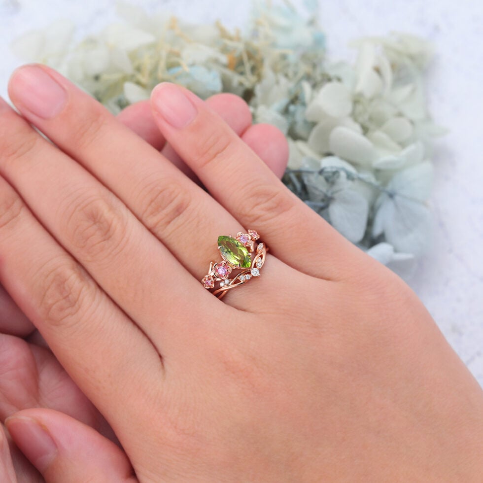Rose Gold Marquise Cut Peridot Nature-Inspired Bridal Ring Set