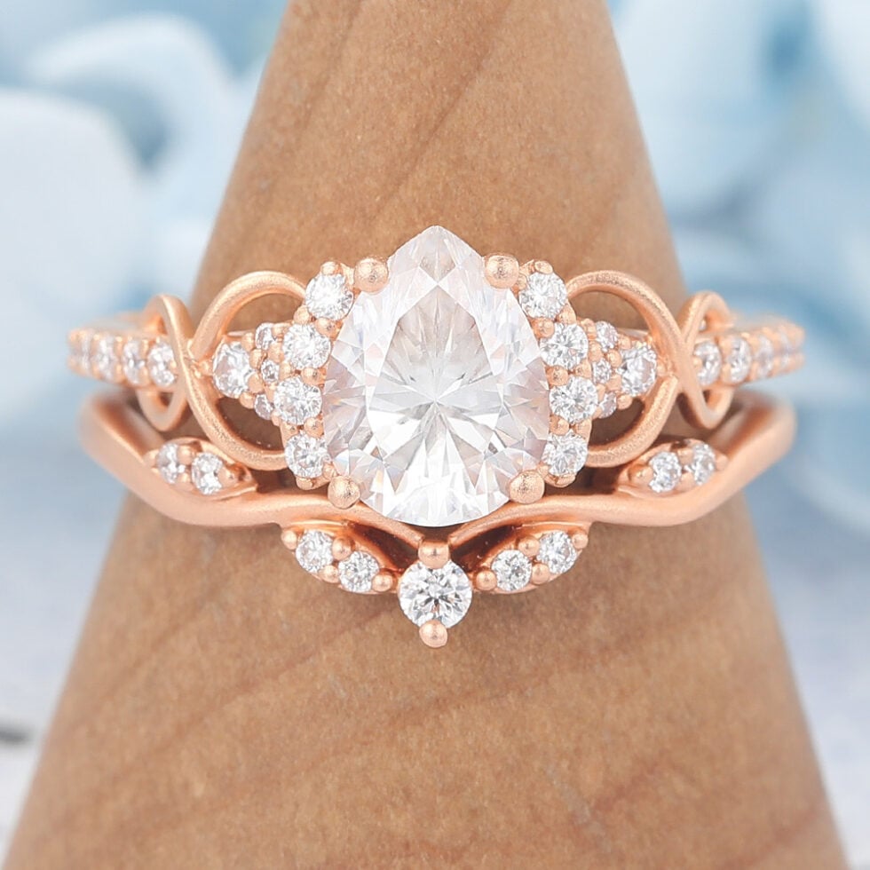 Rose Gold Matte Finish Pear Cut Moissanite Bridal Ring Set