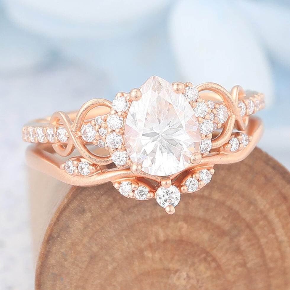 Rose Gold Matte Finish Pear Cut Moissanite Bridal Ring Set