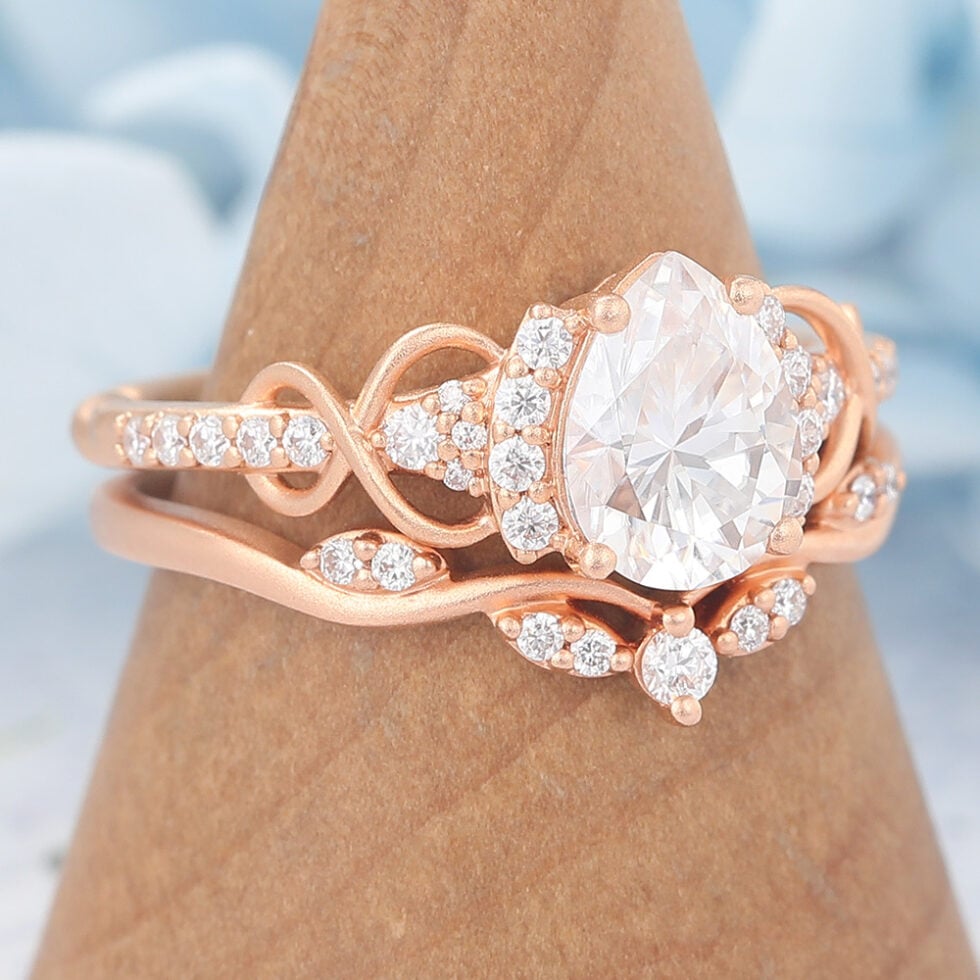 Rose Gold Matte Finish Pear Cut Moissanite Bridal Ring Set