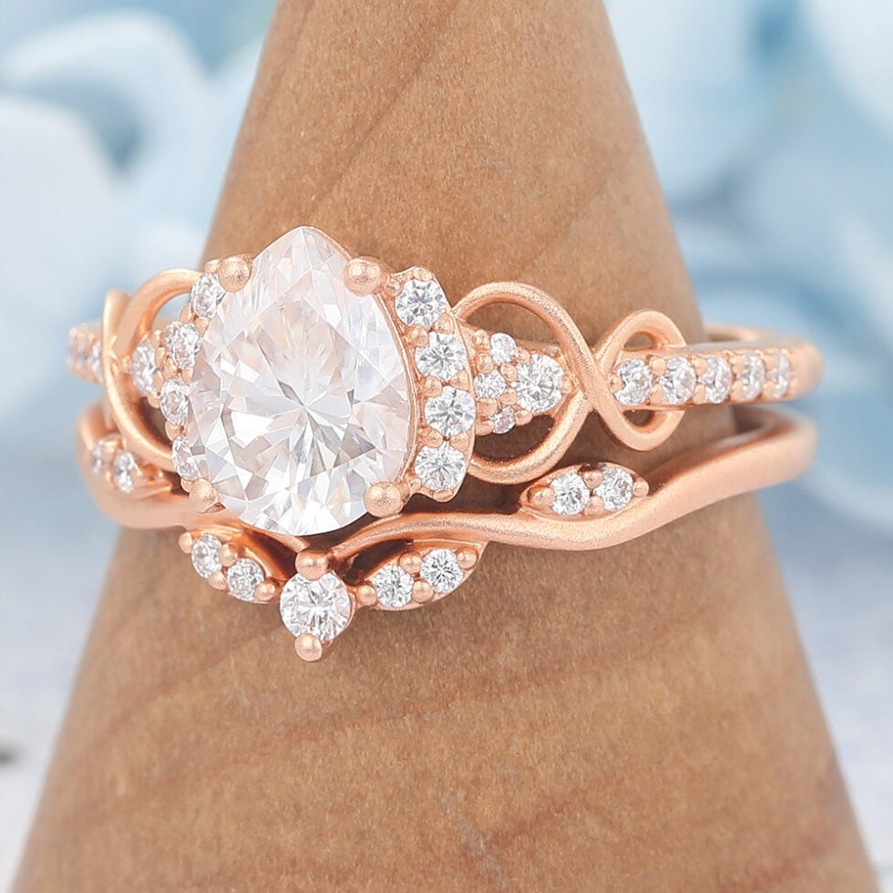 Rose Gold Matte Finish Pear Cut Moissanite Bridal Ring Set