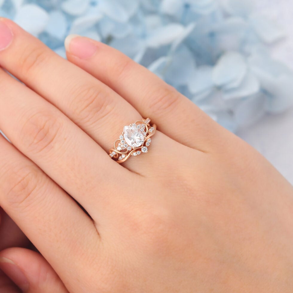 Rose Gold Matte Finish Pear Cut Moissanite Bridal Ring Set