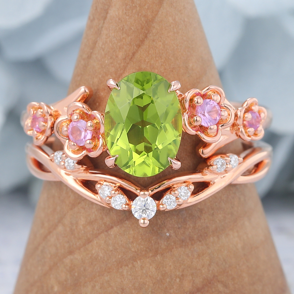 Rose Gold Oval Cut Peridot Nature-Inspired Bridal Ring Set
