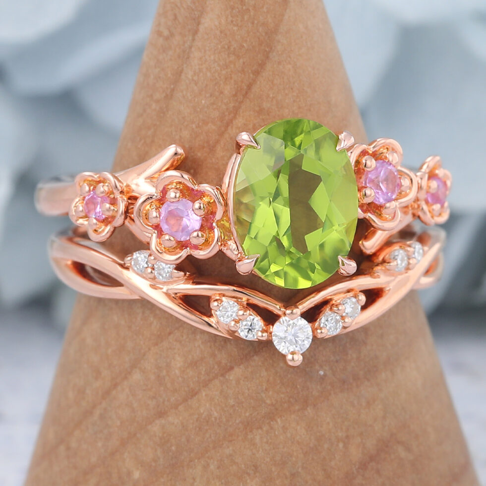 Rose Gold Oval Cut Peridot Nature-Inspired Bridal Ring Set
