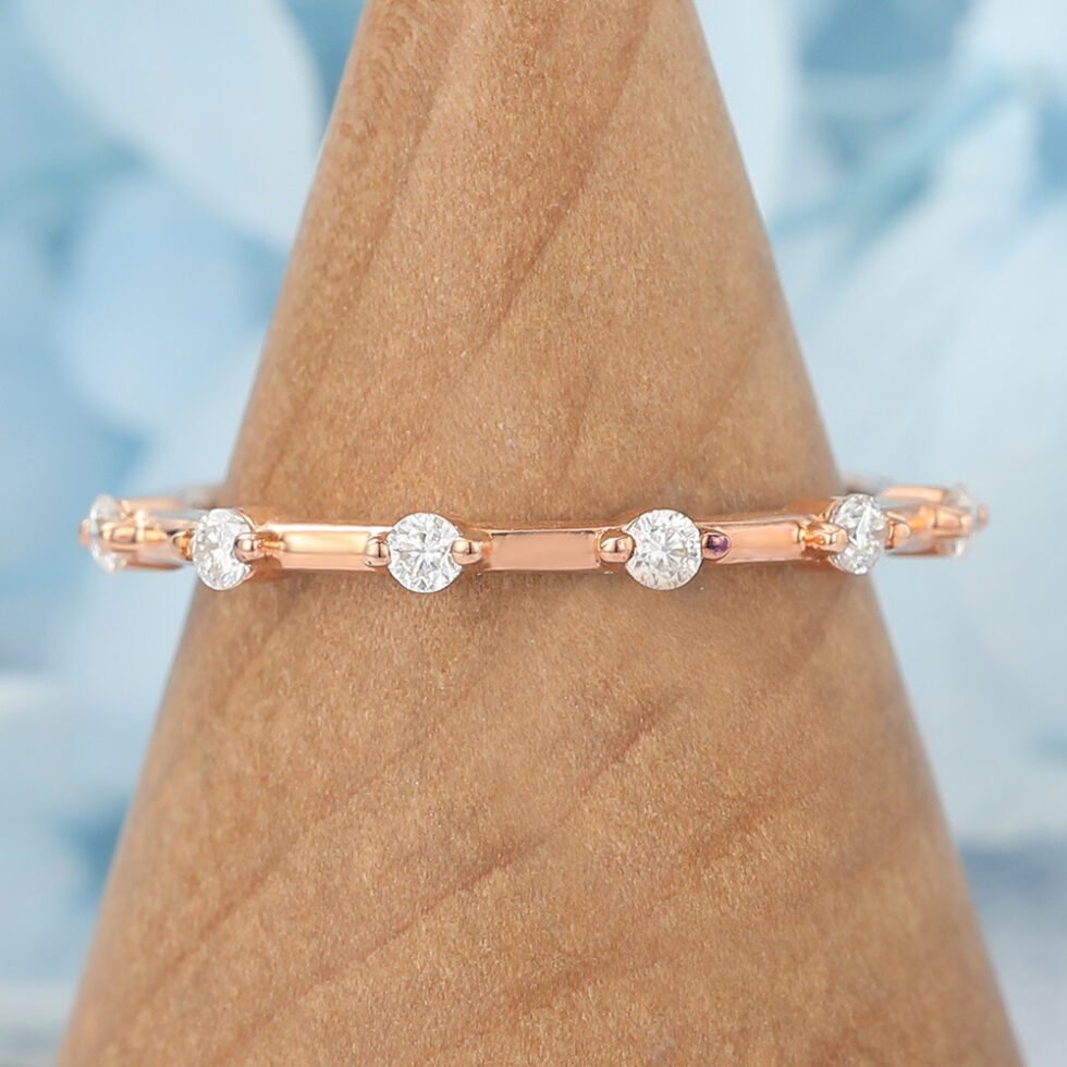 Rose Gold Round Moissanite Wedding Band Half Eternity Ring