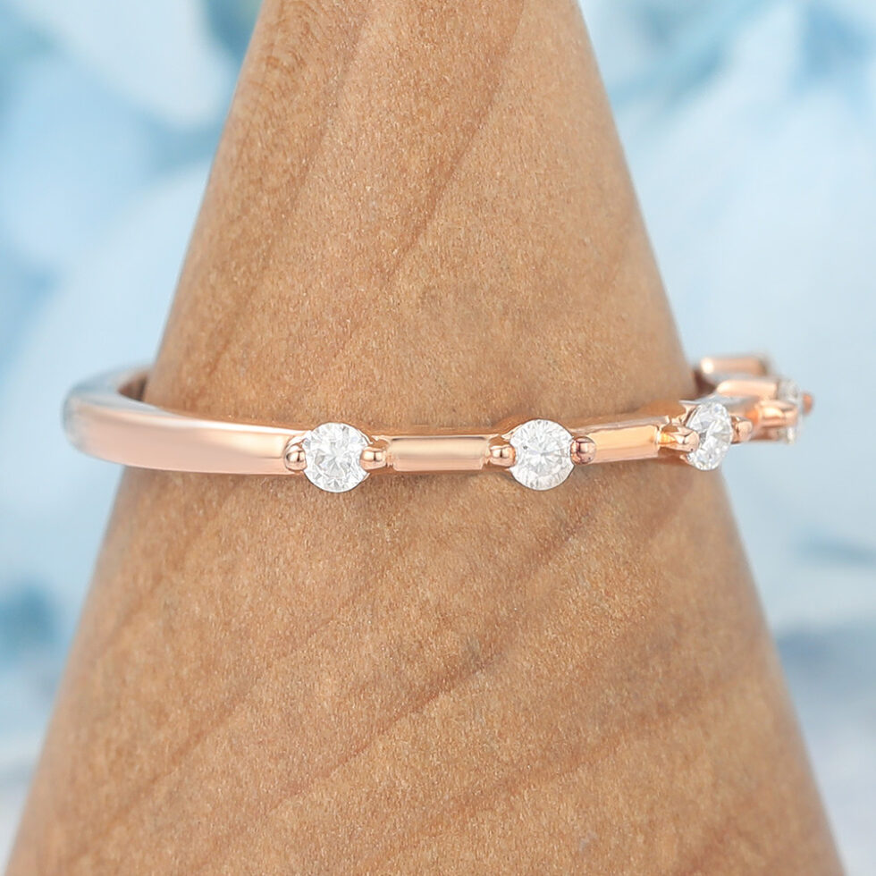 Rose Gold Round Moissanite Wedding Band Half Eternity Ring