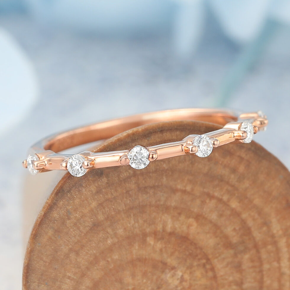 Rose Gold Round Moissanite Wedding Band Half Eternity Ring