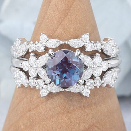 Round Cut Alexandrite Bridal Ring Set Natural-Inspired Moissanite Accents