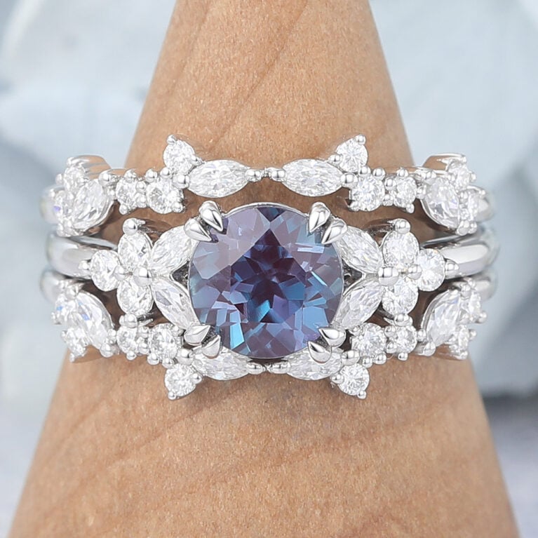 Round Cut Alexandrite Bridal Ring Set Natural-Inspired Moissanite Accents