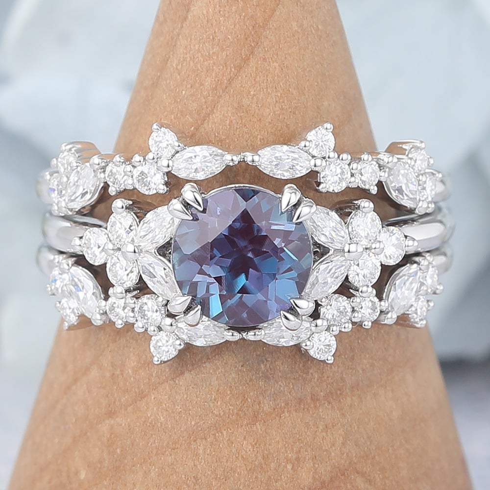 Round Cut Alexandrite Bridal Ring Set Natural-Inspired Moissanite Accents