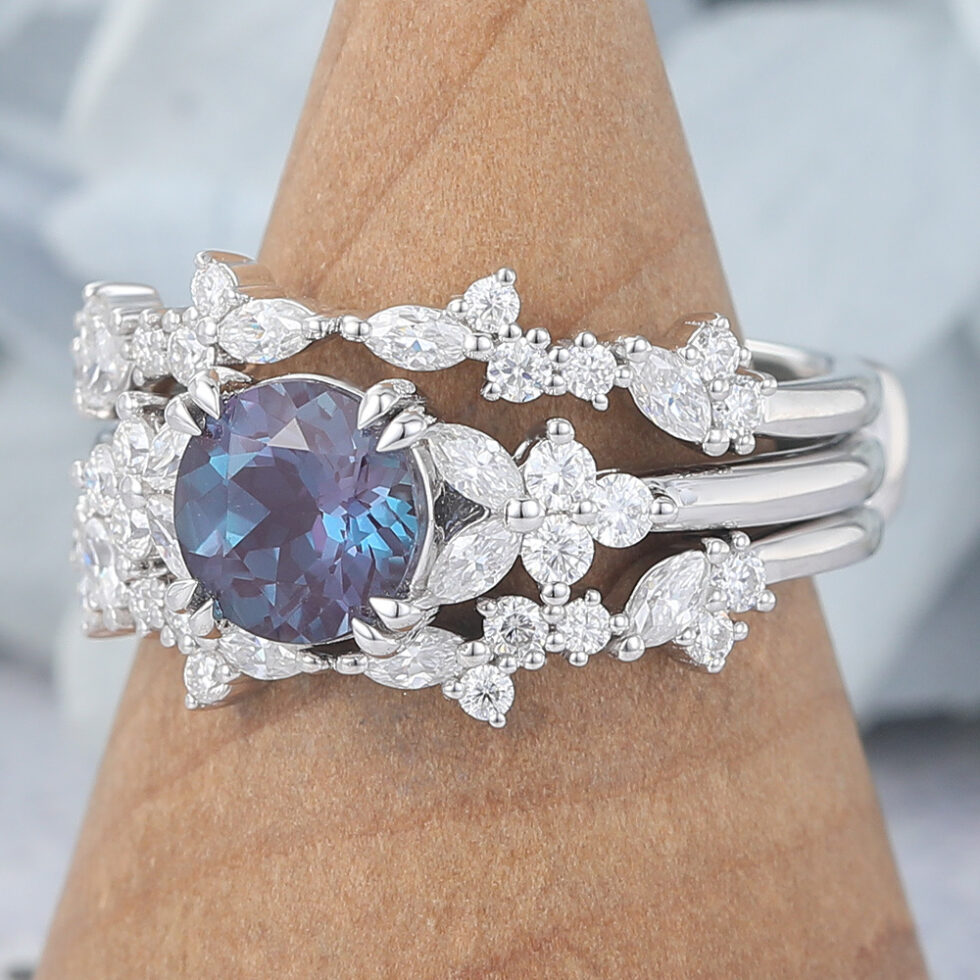 Round Cut Alexandrite Bridal Ring Set Natural-Inspired Moissanite Accents