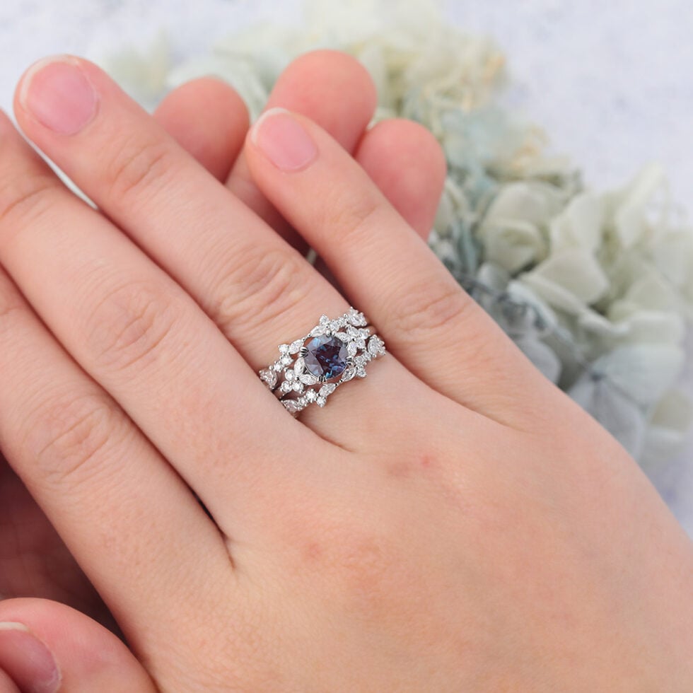 Round Cut Alexandrite Bridal Ring Set Natural-Inspired Moissanite Accents