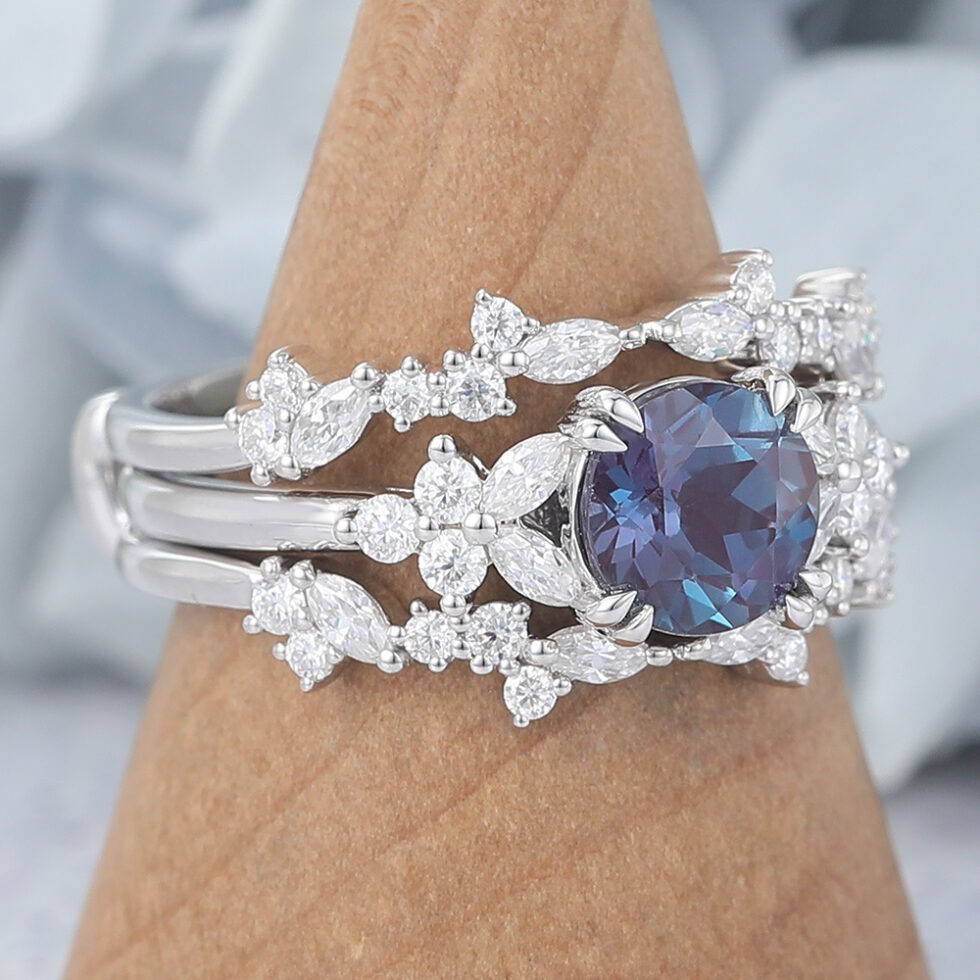 Round Cut Alexandrite Bridal Ring Set Natural-Inspired Moissanite Accents