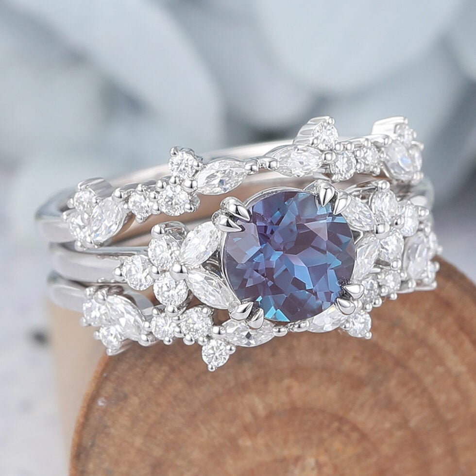 Round Cut Alexandrite Bridal Ring Set Natural-Inspired Moissanite Accents