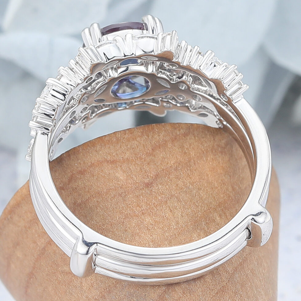 Round Cut Alexandrite Bridal Ring Set Natural-Inspired Moissanite Accents