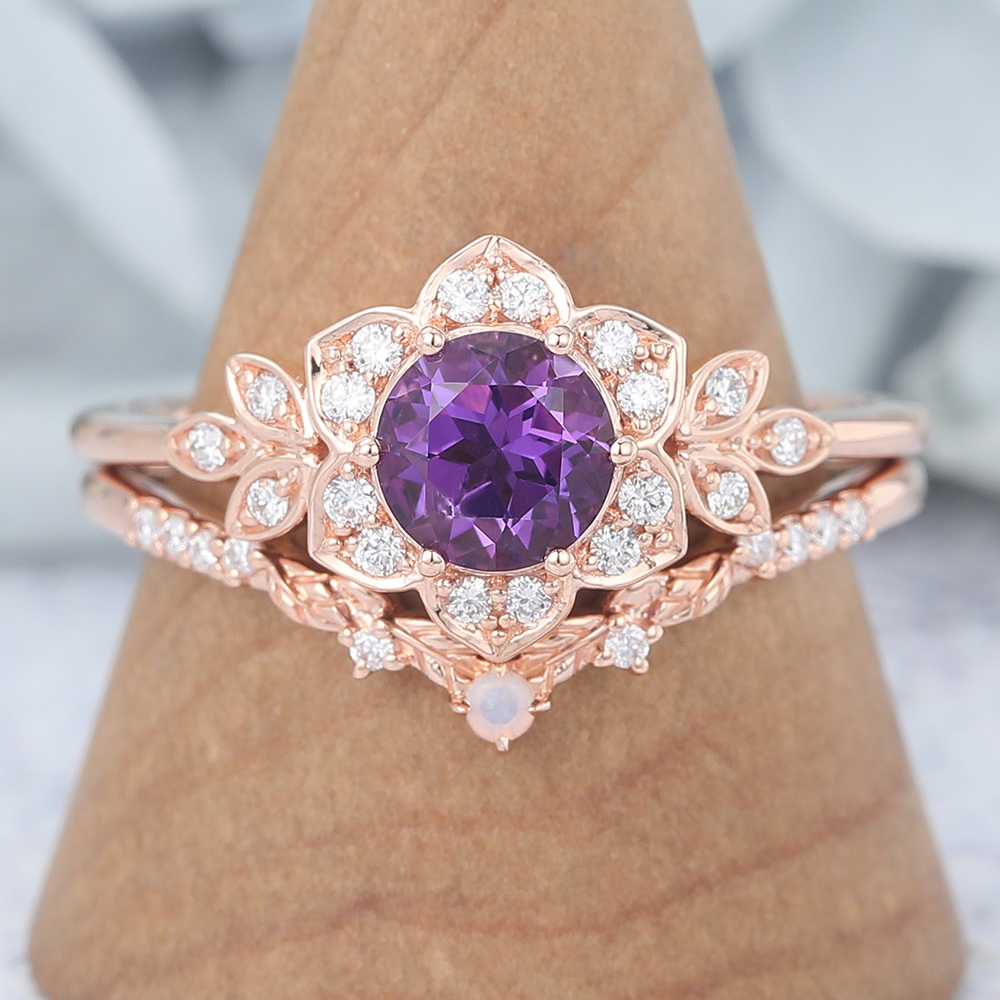 Round Cut Amethyst Bridal Ring Set Flower-Inspired Engagement Ring Set