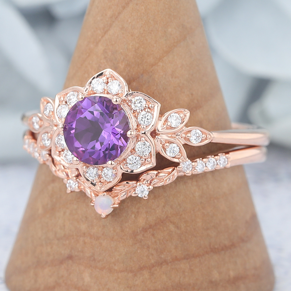 Round Cut Amethyst Bridal Ring Set Flower-Inspired Engagement Ring Set (2) Round Cut Amethyst Bridal Ring Set Flower-Inspired Engagement Ring Set (2)