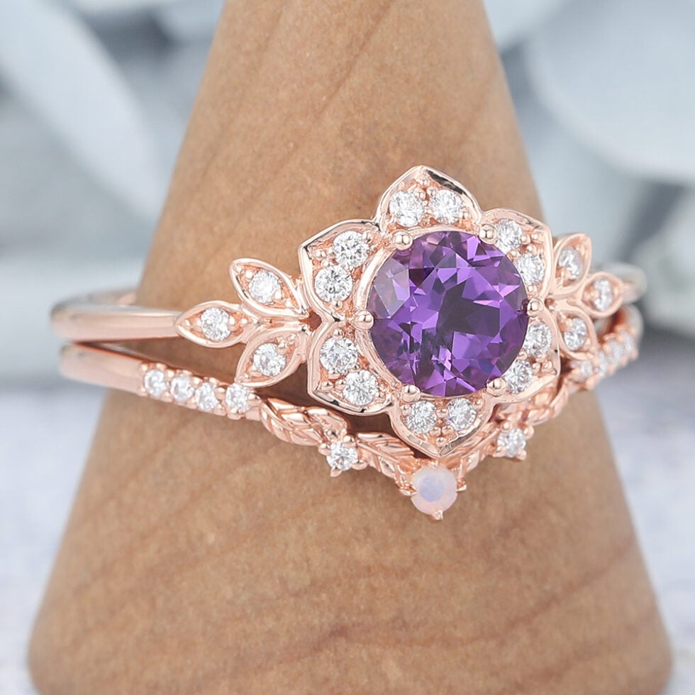 Round Cut Amethyst Bridal Ring Set Flower-Inspired Engagement Ring Set