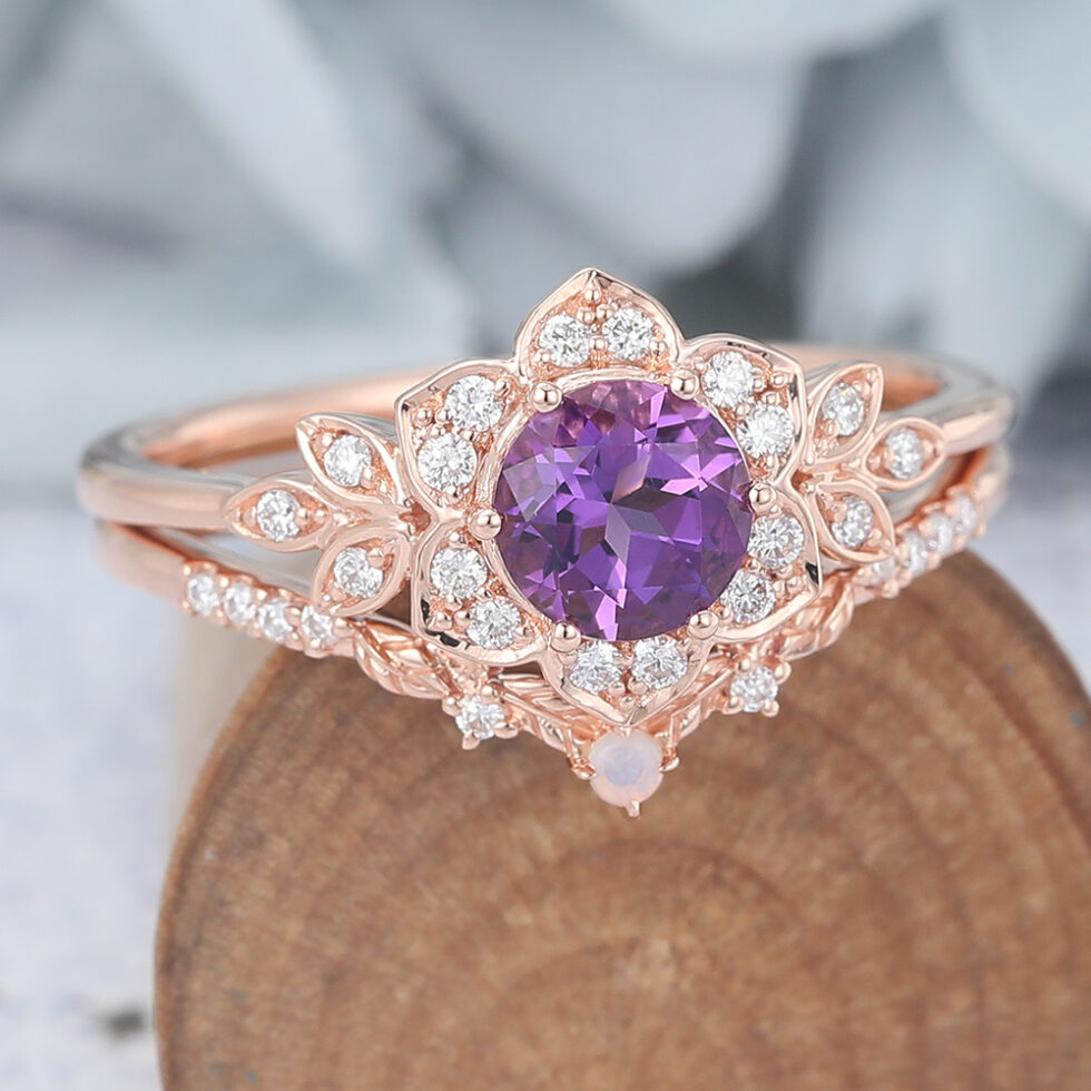 Round Cut Amethyst Bridal Ring Set Flower-Inspired Engagement Ring Set