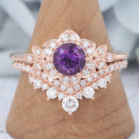 Round Cut Amethyst Bridal Ring Set Nature Inspired Ring Set