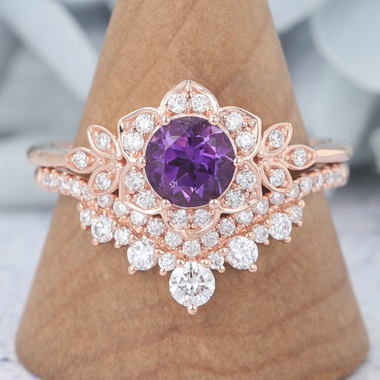Round Cut Amethyst Bridal Ring Set Nature Inspired Ring Set