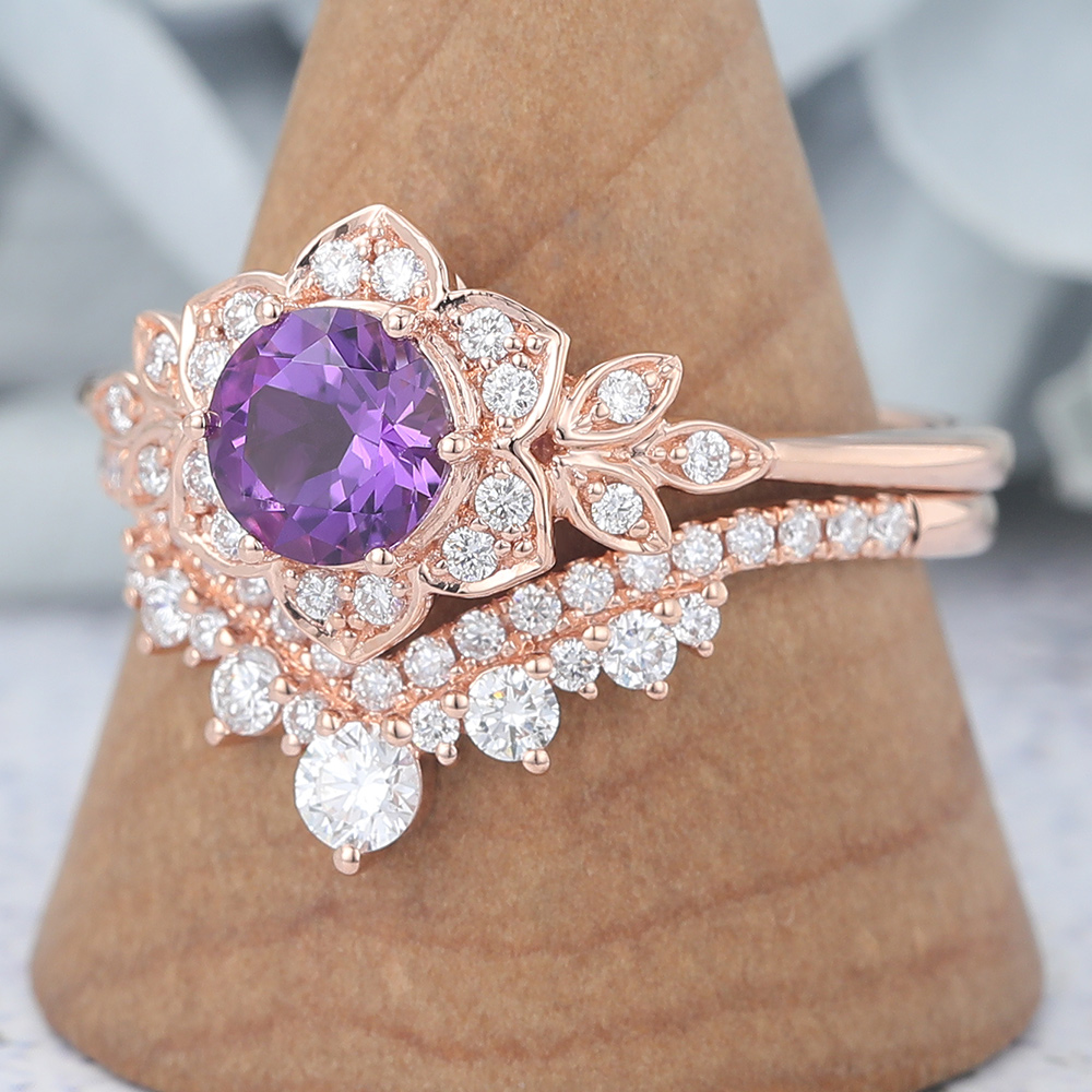 Round Cut Amethyst Bridal Ring Set Nature Inspired Ring Set (2) Round Cut Amethyst Bridal Ring Set Nature Inspired Ring Set (2)