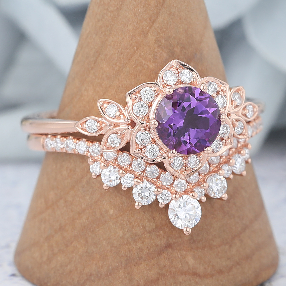 Round Cut Amethyst Bridal Ring Set Nature Inspired Ring Set (3) Round Cut Amethyst Bridal Ring Set Nature Inspired Ring Set (3)