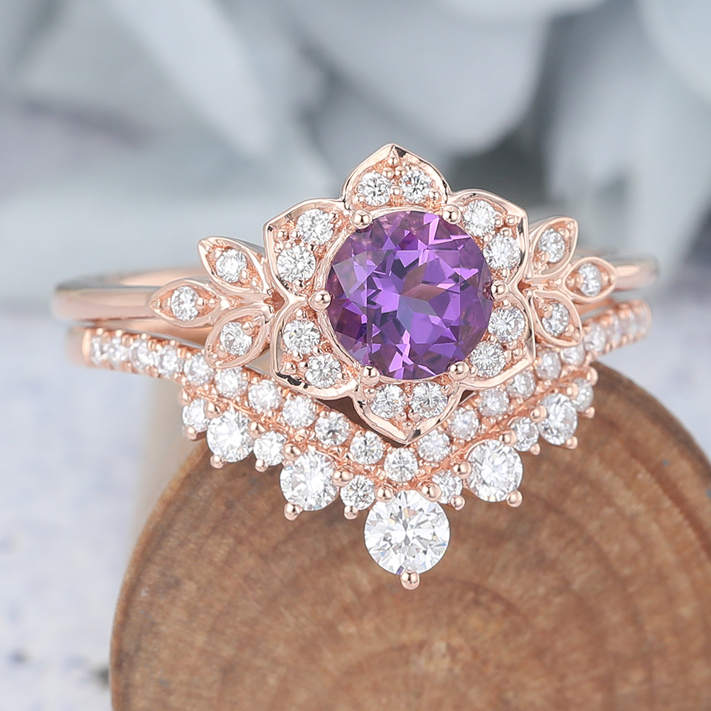 Round Cut Amethyst Bridal Ring Set Nature Inspired Ring Set (4) Round Cut Amethyst Bridal Ring Set Nature Inspired Ring Set (4)