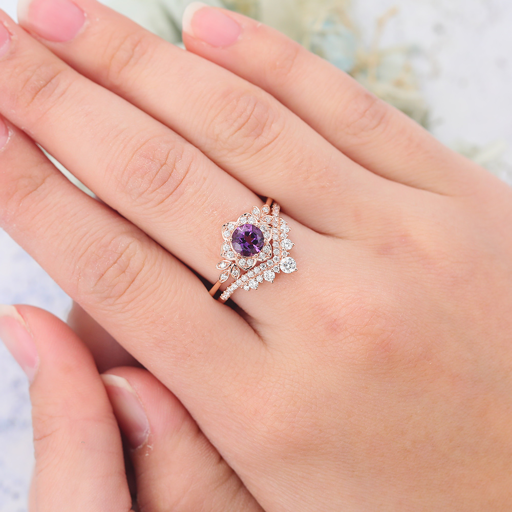 Round Cut Amethyst Bridal Ring Set Nature Inspired Ring Set (5) Round Cut Amethyst Bridal Ring Set Nature Inspired Ring Set (5)