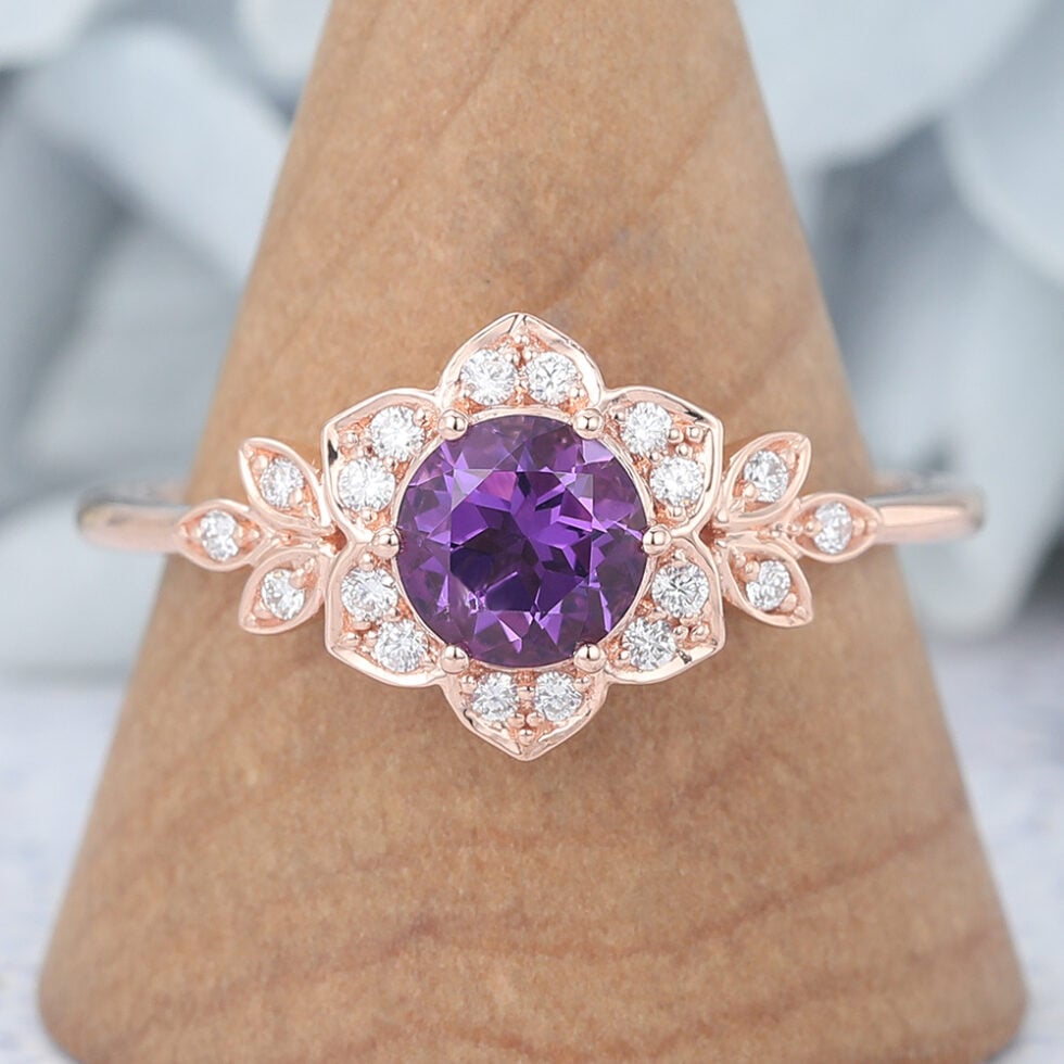 Round Cut Amethyst Engagement Ring Nature Inspired Ring