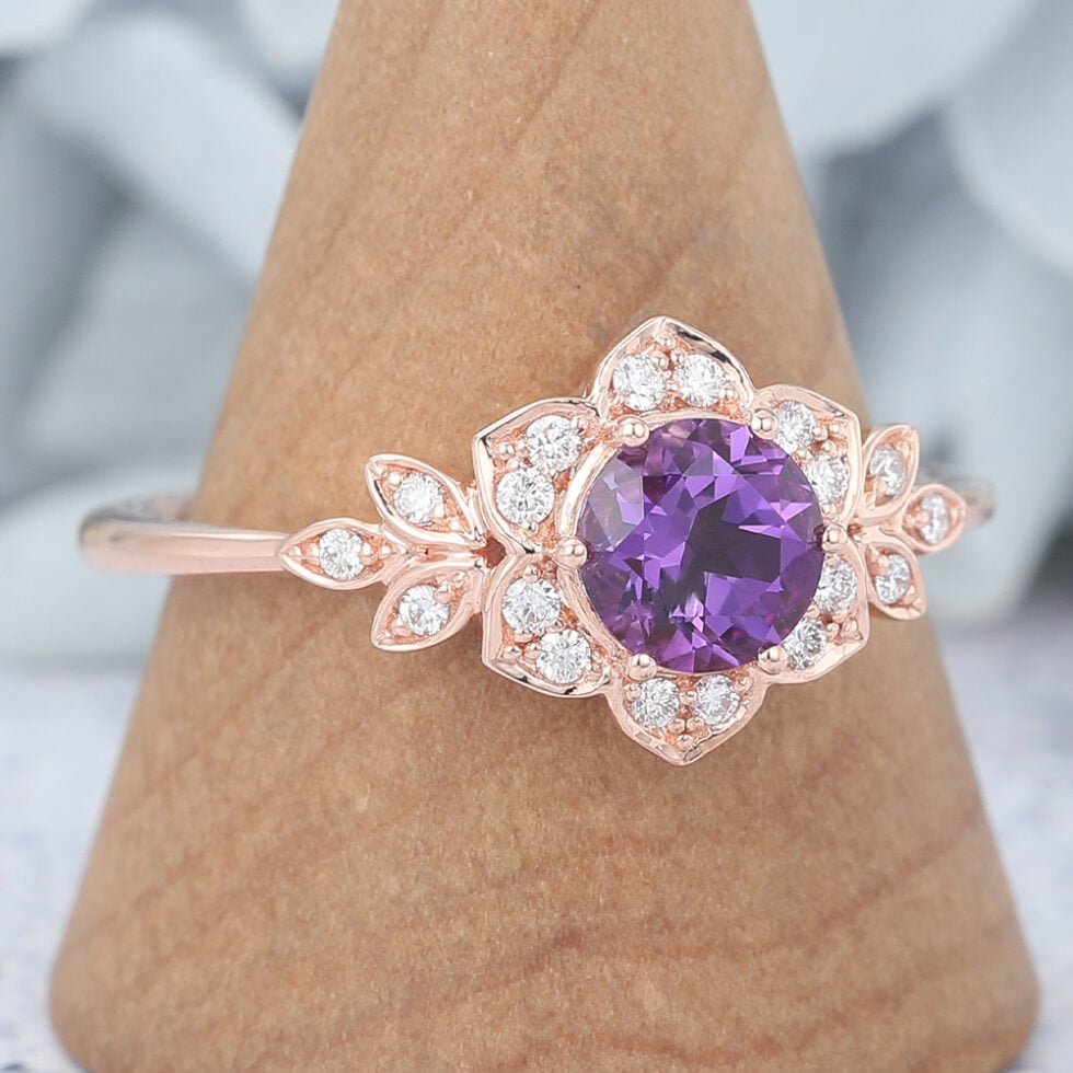 Round Cut Amethyst Engagement Ring Nature Inspired Ring